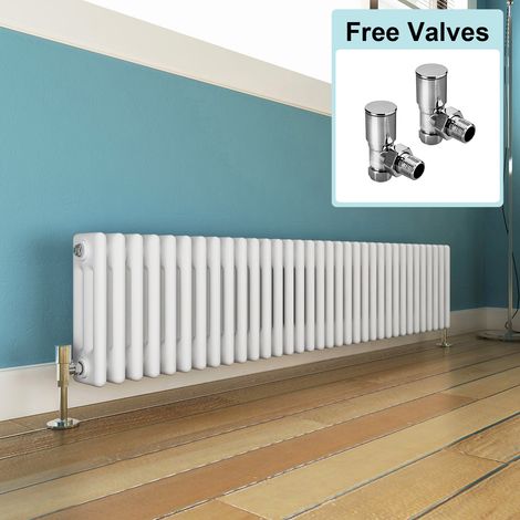 ELEGANT Traditional Radiator White 300 x 1505 mm Designer Horizontal Column Radiator Cast Iron Style Triple Rads + Angled Radiator Valves (1/5)