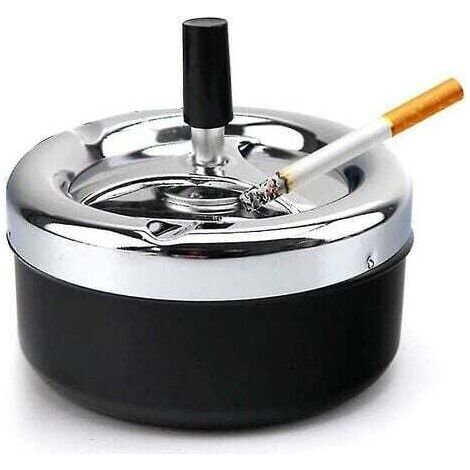 Automatic Cleaning Rotating Ashtray Large Metal With Lid, Black