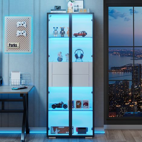 Vitrine 70 cm mit LED-Beleuchtung und 2 bruchsicheren Acryltüren und Glasböden, Moderner Vitrinenschrank für Wohnzimmer und Büro, Hohes Ausstellungsregal 173 cm, weiß (1/4)