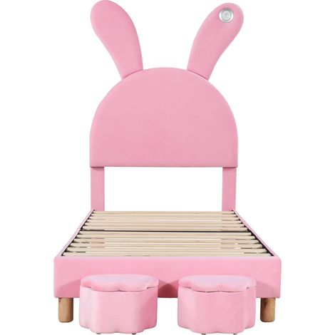 Letto 90x200 in velluto rosa con 2 vani contenitore, LED, orecchie da coniglio, rete (1/5)