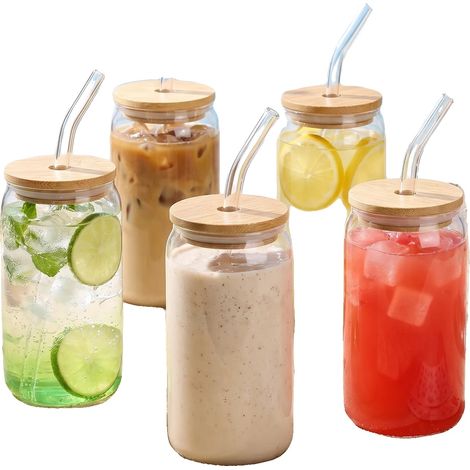 Glasbecher, Bambusdeckel, wiederverwendbare Strohhalme, 6Stück, 401-500ml-a (1/2)