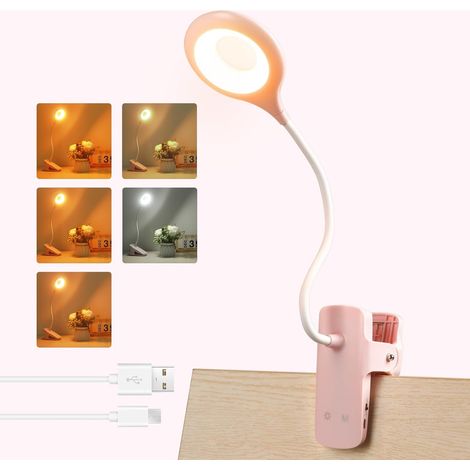 Lampe Bureau Rechargeable Rose 3W, Pince LED Portable, Charge USB Type C, 5 Modes Intensité et 5 Teintes, Lampe Tactile pour Lecture au Lit, Éclairage Flexible (1/5)