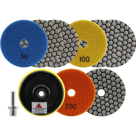 Disque Diamant de Polissage - 8 pièces 100mm (50x3+100x3+200x2) Tampon Polissage avec M14 Filetage Adaptateur pour Granit Marbre Pierre Artificielle Quartz pour Meuleuse d'angle (1/5)