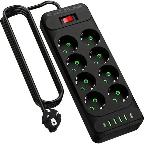 Multipresa 14 in 1 con USB-C – Multipresa con 8 prese e 6 porte USB (2 USB-C, 4 USB-A) – protezione da sovratensione con interruttore – prolunga da 1,8 m – per ufficio – nera. (1/2)