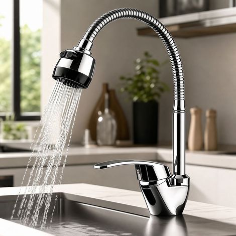 Robinet mitigeur cuisine en alliage, bec flexible orientable 360°, douchette 2 jets, cartouche céramique, finition chromée brillante (1/5)