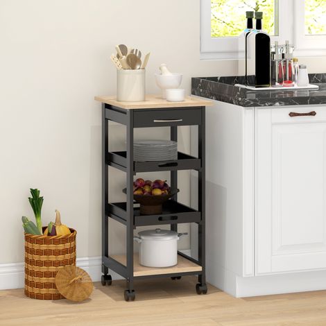 Carrito de cocina con ruedas, 2 bandejas extraíbles, cajón, estante, madera de roble claro y pino negro.