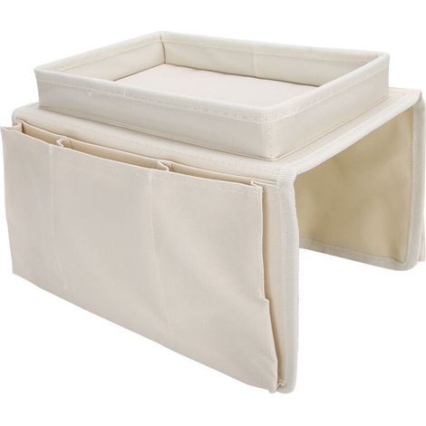 Organizador de mandos a distancia de TV de 4 bolsillos para reposabrazos de sofá con portavasos integrado, color beige. (1/5)