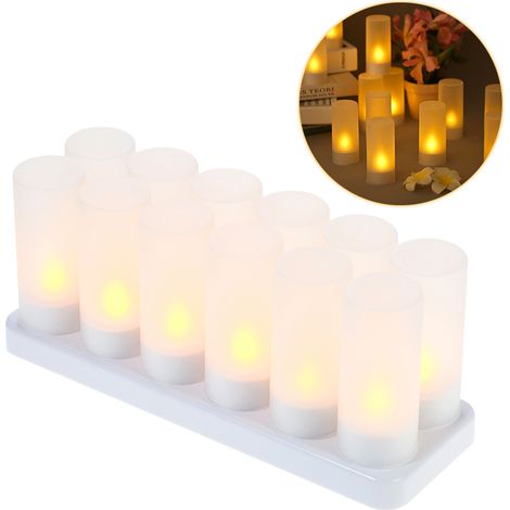 Bougies LED rechargeables sans flamme à effet vacillant, bougies chauffe-plat avec coupelles givrées et base de chargement, lumière jaune (1/3)