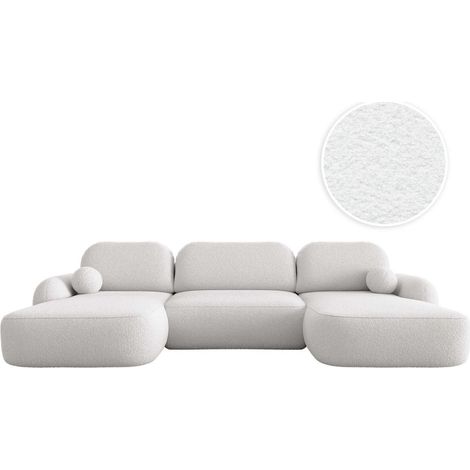 Canapé panoramique convertible 6 places MILLY avec coffre en tissu bouclette - Blanc (1/5)