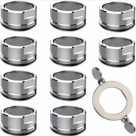Set di 10 regolatori di flusso per rubinetto aeratore M24, filtro per rubinetto con filtro in acciaio inox e ABS, 10 guarnizioni e 1 chiave cromata, aeratore per il risparmio idrico per bagno e cucina (1/4)