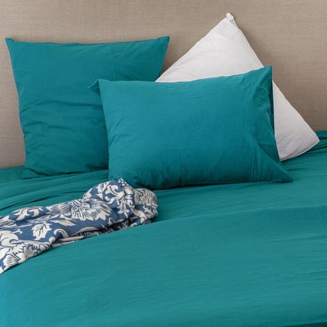 Taie d'oreiller en coton lavé Bleu Paon 65x65 cm