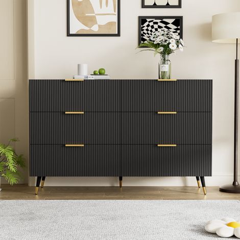 Buffet design épuré 120x40x77 cm noir - 6 tiroirs - Grand rangement - Enfilade moderne (1/5)