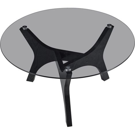 Table basse ronde en verre avec structure en bois noir, 80 cm de diamètre, design moderne pour salon, bureau ou lounge (1/5)