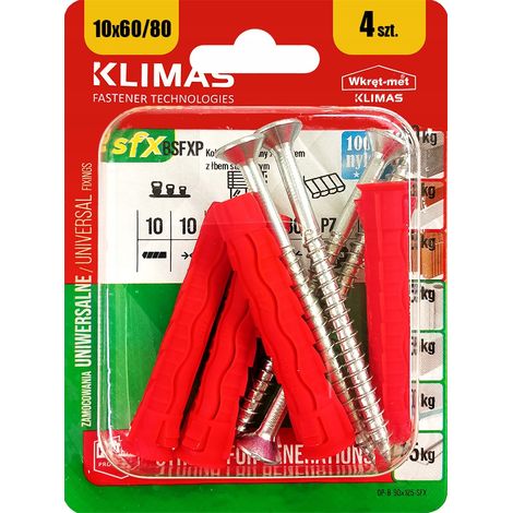 Chevilles Universelles Klimas 10 x 80 Avec Tete Fraisee PZ3, Blister De 4