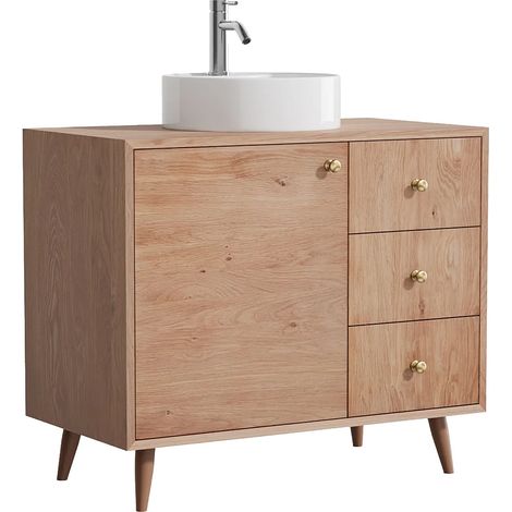 Meuble de salle de bain en chêne massif avec vasque à poser ronde et robinet - Naturel clair - 93 cm - ZARENO (1/5)