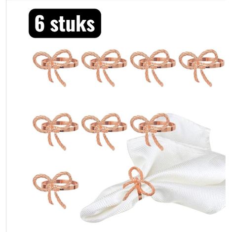 Set of 6 metal napkin rings with a bow design for table decoration, rose gold color (1/5)