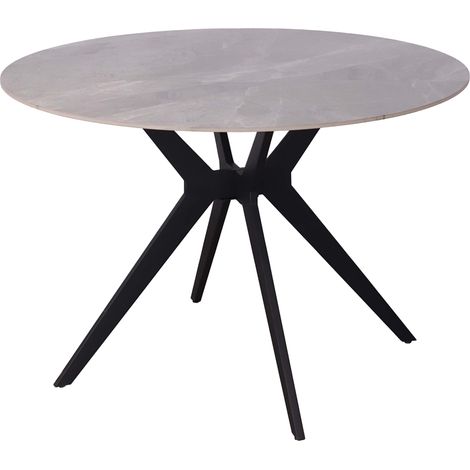 Mobilier Deco – Table à manger ronde en pierre frittée gris – Piètement métal noir – Conception robuste pour durabilité – Format convivial pour repas en famille