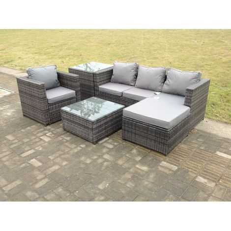Fimous Gartenlounge Rattan Sofa Set - Polyrattan Gartensofa Sitzgruppe 5-sitzer Gartenmöbel-Set+2 Tische mit Glas für Wintergarten, Rasen, Terrasse,Dunkelgrau Gemischt