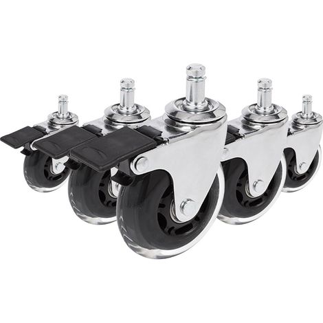 hjh OFFICE 729401 Ruote per sedie da ufficio ROLO SKATE argento / trasparente 5 x ruote rigide per pavimento 11 mm x 75 mm con freno di bloccaggio (1/5)
