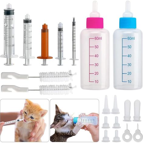 2 x 60 ml Puppy Feeding Bottle, Kitten Feeding Bottle, 8 Nipple Syringes for Pets, Kitten Teats, Puppy Nursing Bottle for Puppies, Kittens, Squirrels (1/5)