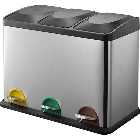 Poubelle de collecte différenciée en acier inoxydable et plastique avec compartiments poubelle amovible avec ouverture à pédale pour maison cuisine et extérieur (45 litres) (1/5)