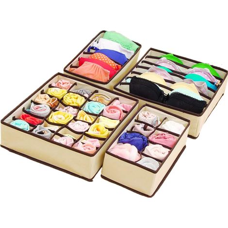 Lot de 4 organisateurs de tiroir pliables (tailles différentes), organisateur de tiroir pour chaussettes et sous-vêtements, organisateur de bureau et de placard en tissu, séparateurs de tiroir pour co