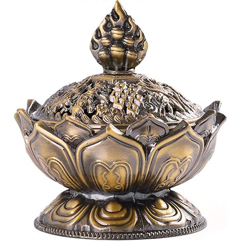 Petit brûleur d'encens en alliage de zinc, style antique chinois/asiatique, en forme de lotus. Pot brûleur d'encens décoratif pour la maison. Porte-encens vintage en forme de lotus. (1/5)
