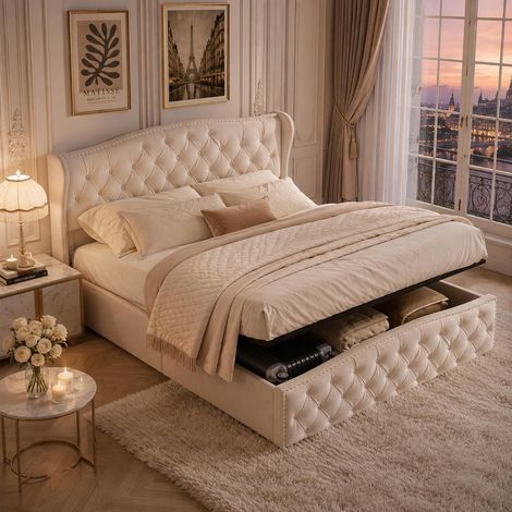 Lit coffre 160x200 cm, tête de lit à clous décoratifs capitonnée velours beige (1/5)