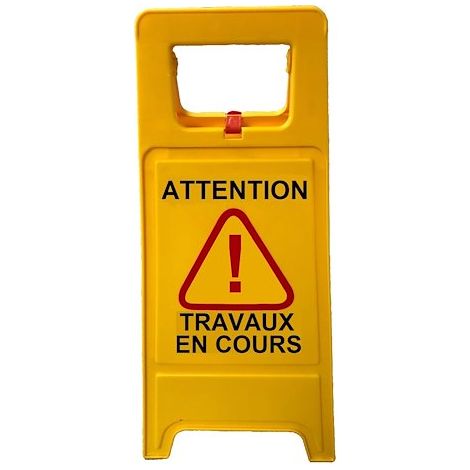 Mottez – Panneau de signalisation 'Travaux en cours' – Chevalet auto portant en polypropylène – Impression double face – Dimensions H 63 cm x L 30 cm – Coloris jaune (1/4)