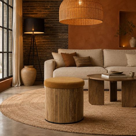Pouf Rond - HOME DECO FACTORY - Jules - Côtelé - Jaune (1/5)