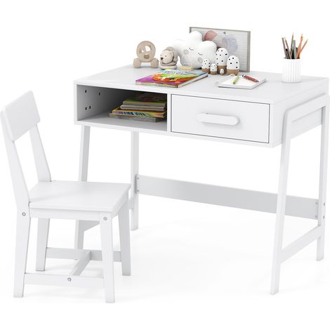 Costway – Bureau enfant en bois avec chaise ergonomique – Ensemble table d'étude 85 x 48 x 70 cm – Tiroir de rangement et étagère intégrée – Blanc (1/5)