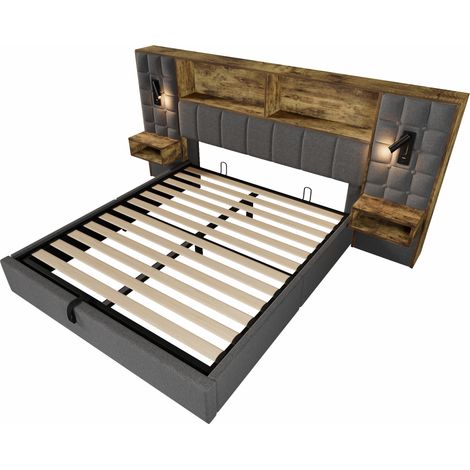 Cama canapé 160x200 gris lino con LED, 2 lámparas, 2 mesitas, USB-C y somier (1/5)