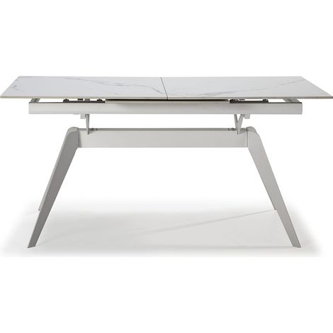 Table à manger, table de repas extensible en céramique coloris blanc, pieds en métal blanc - Longueur 160-220 x Profondeur 90 x Hauteur 76 cm (1/5)