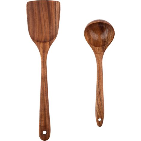 Cuillère En Bois De Teck - Lot De 2 Ustensiles De Cuisine En Bois Naturel Pour Casseroles Antiadhésives - Usage Cuisine Intérieure - 2 Pièces (1/5)