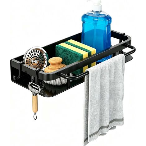 Organisateur Evier Cuisine Noir Acier Inoxydable, Porte Eponge Evier avec Plateau d'égouttage et Porte-Torchon, Rangement Cuisine Mural sans Perçage (1/5)