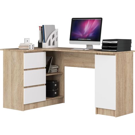 Escritorio esquinero AKORD B20 Roble Sonoma 155 cm con lado izquierdo 1 puerta 3 cajones frente en color Blanco 4 estantes 155x85x77 cm