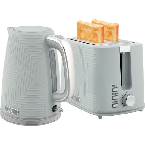 HOMCOM 1.7L 3000W Rapid Boil Kettle and 2 Slice Toaster Set Crumb Tray Grey (1/5)