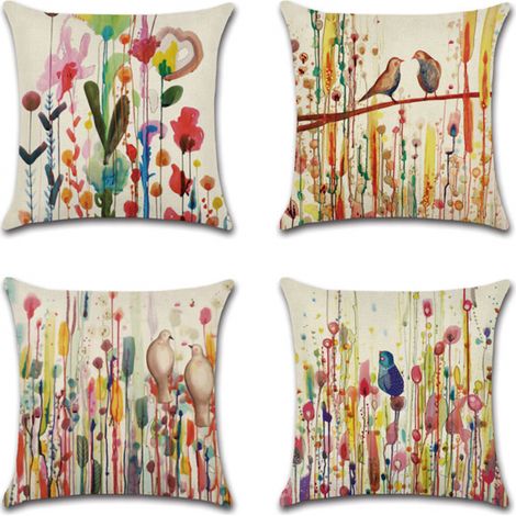 45 x 45 cm, juego de 4 fundas de cojín de lino, decoradas con motivos florales y de pájaros, aptas para sofás, jardines exteriores, camas, sillones y coches. (1/5)
