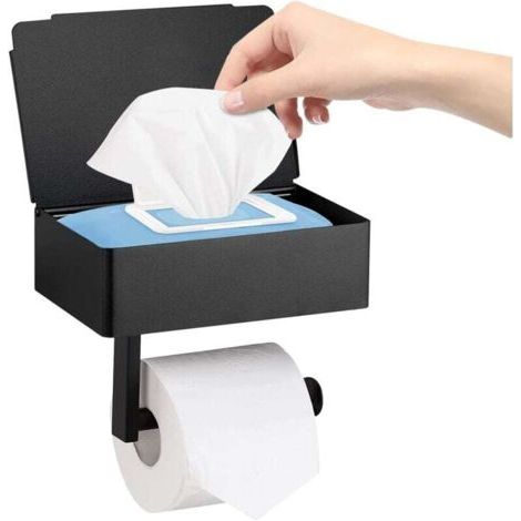 Porte Rouleau de Papier Toilette avec Boîte à Lingettes Humides, Support Mural Noir Mat pour Rouleau de Papier Toilette en Acier Inoxydable pour Cuisine et Salle de Bain Adhésif ou Perçage (Noi (1/4)