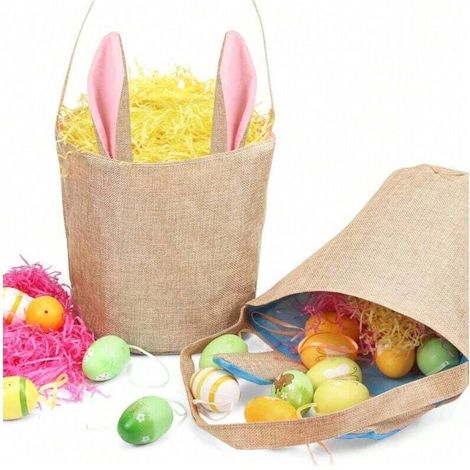 Panier en tissu de Pâques, panier oreilles de lapin, 2 paniers oreilles de lapin de Pâques, sac en toile de jute Panier à œufs de Pâques, bleu/rose