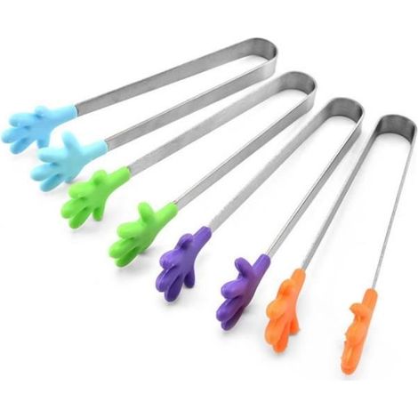 4 pinces à sucre cuisine en silicone et acier inoxydable, 13 cm, résistantes à la chaleur, idéales pour buffet, barbecue et plats froids