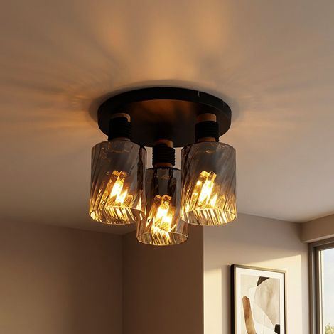 Deckenleuchte Deckenlampe Wohnzimmerlampe schwarz Rauchglas Holz D 32 cm (1/5)
