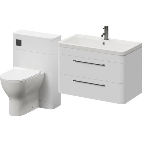 Oslo Gloss White 1350mm Wall Mounted Vanity Unit Toilet Suite with Anya Basin - 1350mm - Gunmetal Grey 320mm HandleWith Jubilee Toilet Pan and Seat