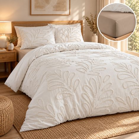 Parure de lit 240 x 220 cm 100% coton tufté ANOUK + drap housse 140 x 190 cm Sable (1/5)