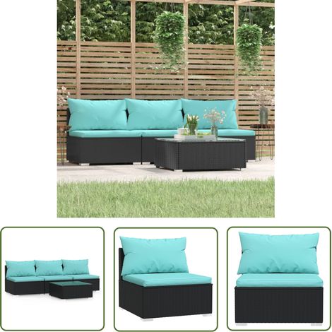 The Living Store Salon de jardin 4 pcs avec coussins Noir Résine tressée - Salon De Jardin - Mobilier De Jardin - Set De Salon De Jardin - Canapé Jardin - Table Basse (1/5)