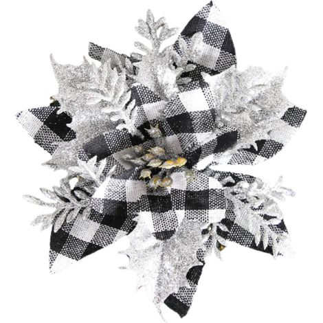 12 künstliche Blumen mit schwarz-weißem Karomuster, funkelnder Weihnachtsbaumschmuck, leuchtender festlicher Christbaumschmuck