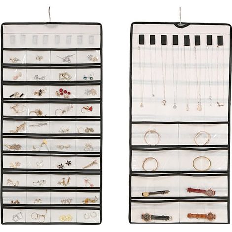 Organiseur de bijoux suspendu en non-tissé, blanc et gris, 86 x 43 cm, rangement mural pour colliers et boucles d'oreilles (1/5)