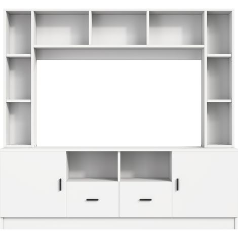 Meuble TV blanc 180x35x170 cm avec 2 armoires, 2 tiroirs et 11 compartiments, ensemble de rangement pour salon (1/5)
