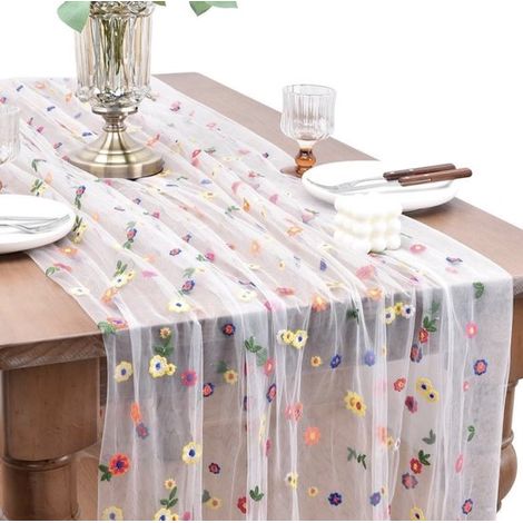 Camino de mesa de 72 x 300 cm – Tul blanco con margaritas bordadas – Elegante camino de mesa floral para bodas, fiestas y decoración de mesas (1/5)