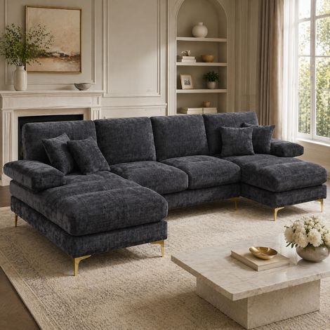 Sofá en U de chenilla gris 272 x 136 x 88 cm con dos chaise longues DESVIAE (1/5)